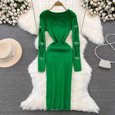 Autumn And Winter Sexy Long Sleeve Round Neck Hollow Slim Waist Slim Fit Knitting Bodycon Basic Dress 7