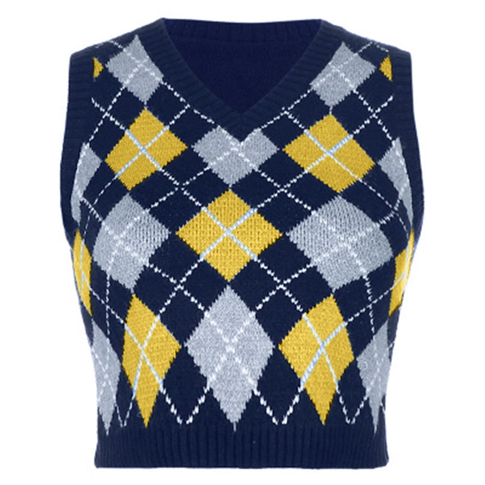 Women Solid Plaid Sleeveless V-Neck Sweater 26