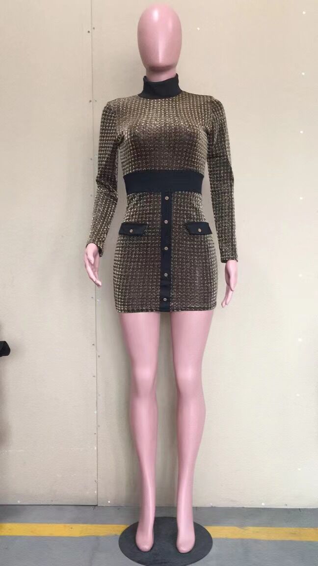 Women's Sexy Button Houndstooth Gold Thread Jacquard Long Sleeve Mini Slim Dress 5