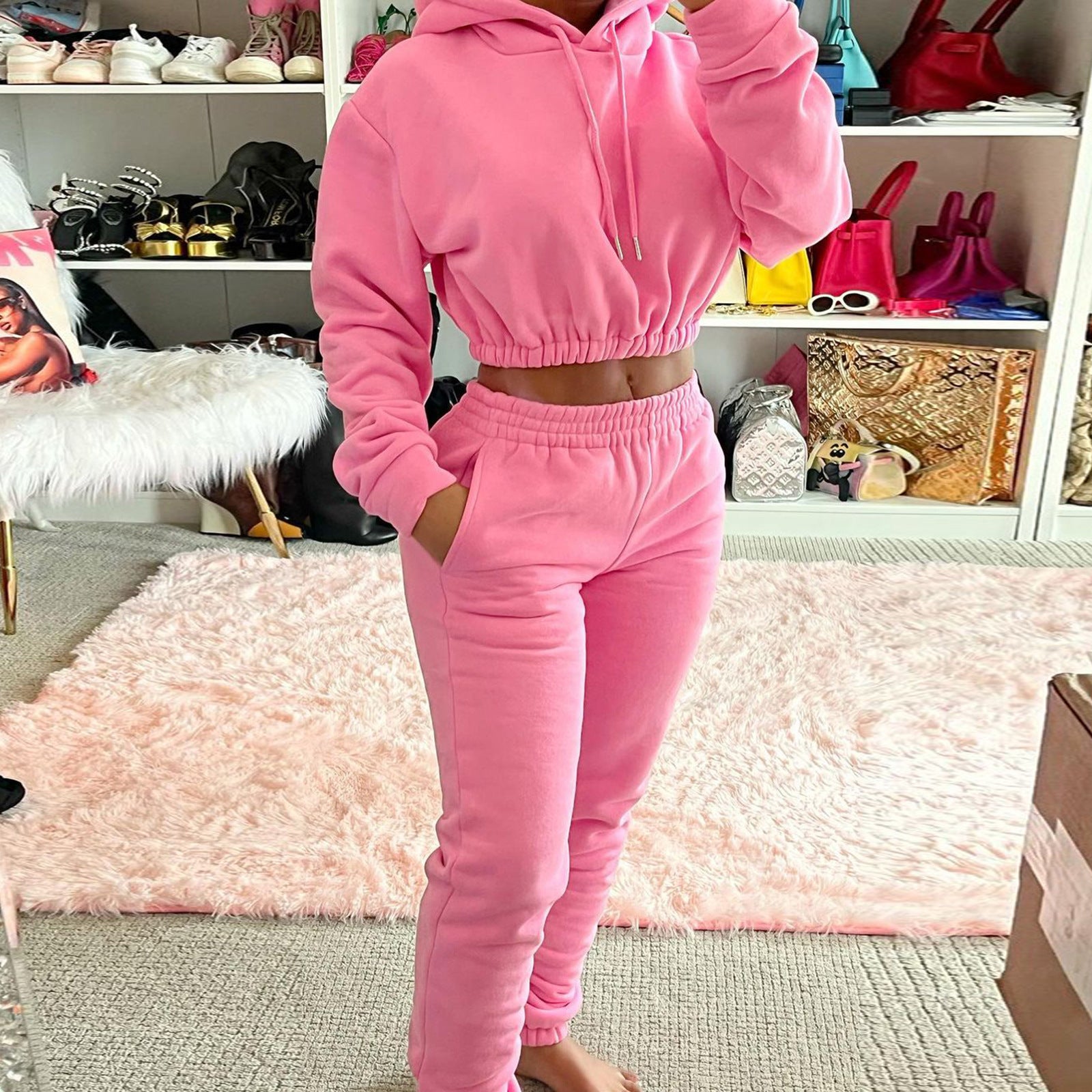 Women's Spring And Winter Velvet Sports Casual Hoodies Jogging Pants Two-Piece Set