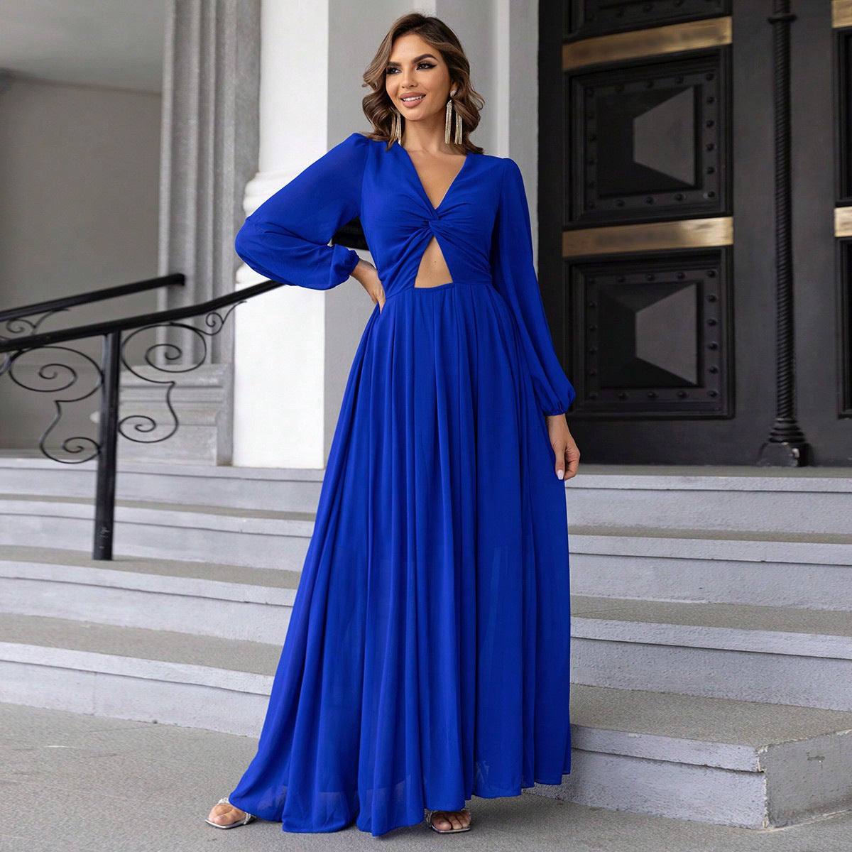 Women's Knot Cutout Balloon Sleeve Long Dress 10