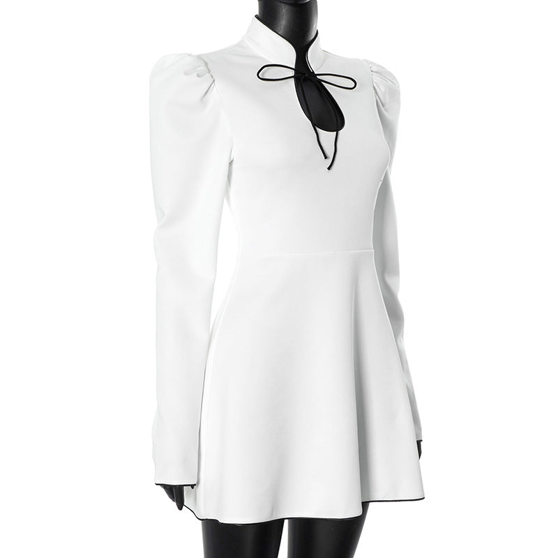 Women's Slim Long Sleeve Stand Collar A-Line Short Dress 6