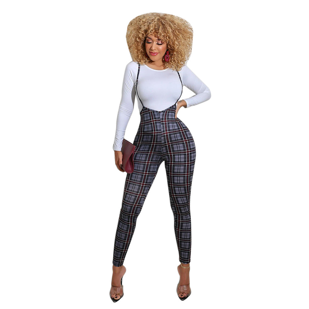 Spring Printed Long-Sleeved Slim Fit Women's Strap Casual Two Piece Pants Set 35