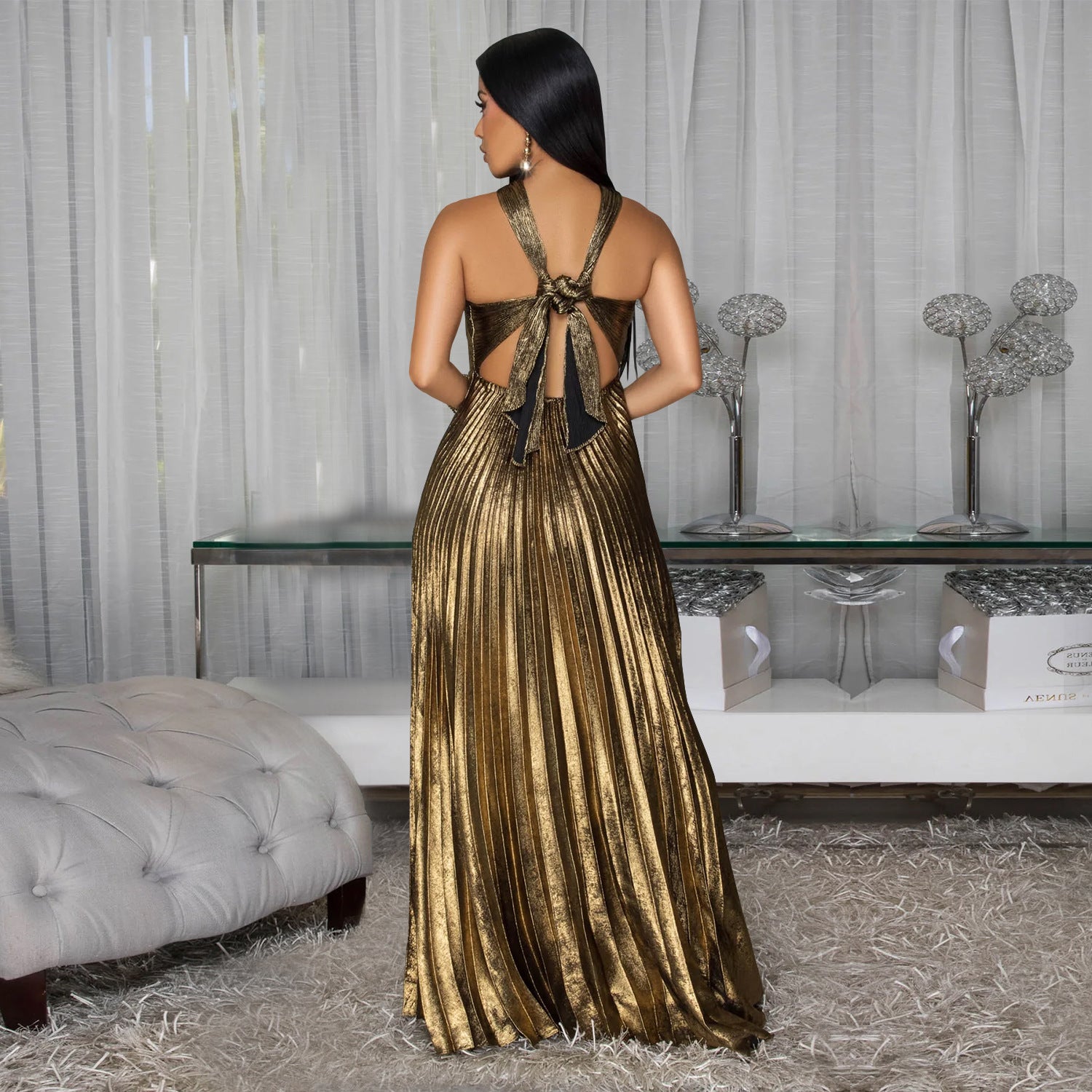 Fashion Women's Elegant Shiny Solid Color Pleated Long Dress 10