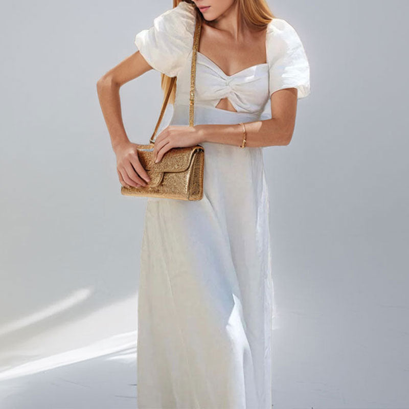 Women summer v-neck pleated short-sleeved hollow dress 4