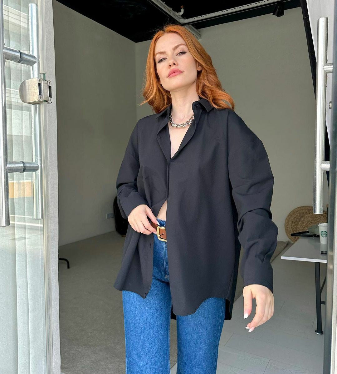 Women Solid Style Long Sleeve Back Slit Loose Shirt 7