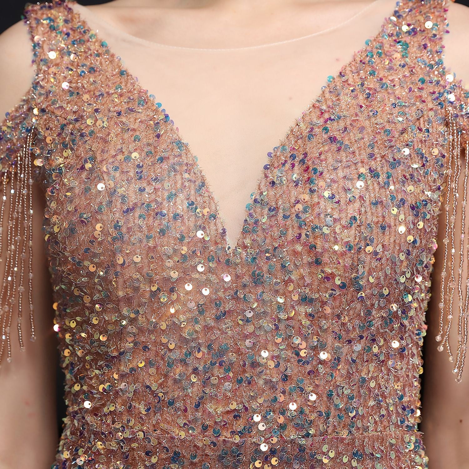 Summer formal sequin cutout shoulder tassel evening dress 16