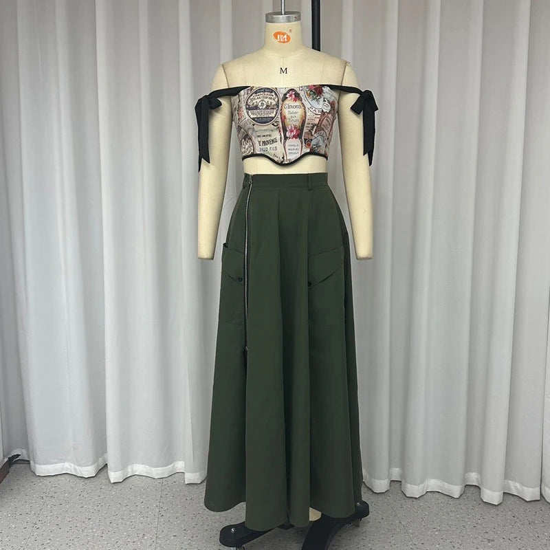 Summer fashion printing Off Shoulder sexy high slit skirt set 5