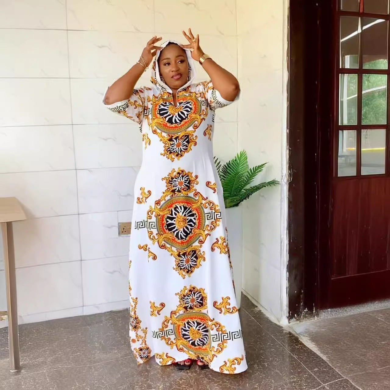 African Printed Hooded Short-Sleeved Split Loose Long Dress 5