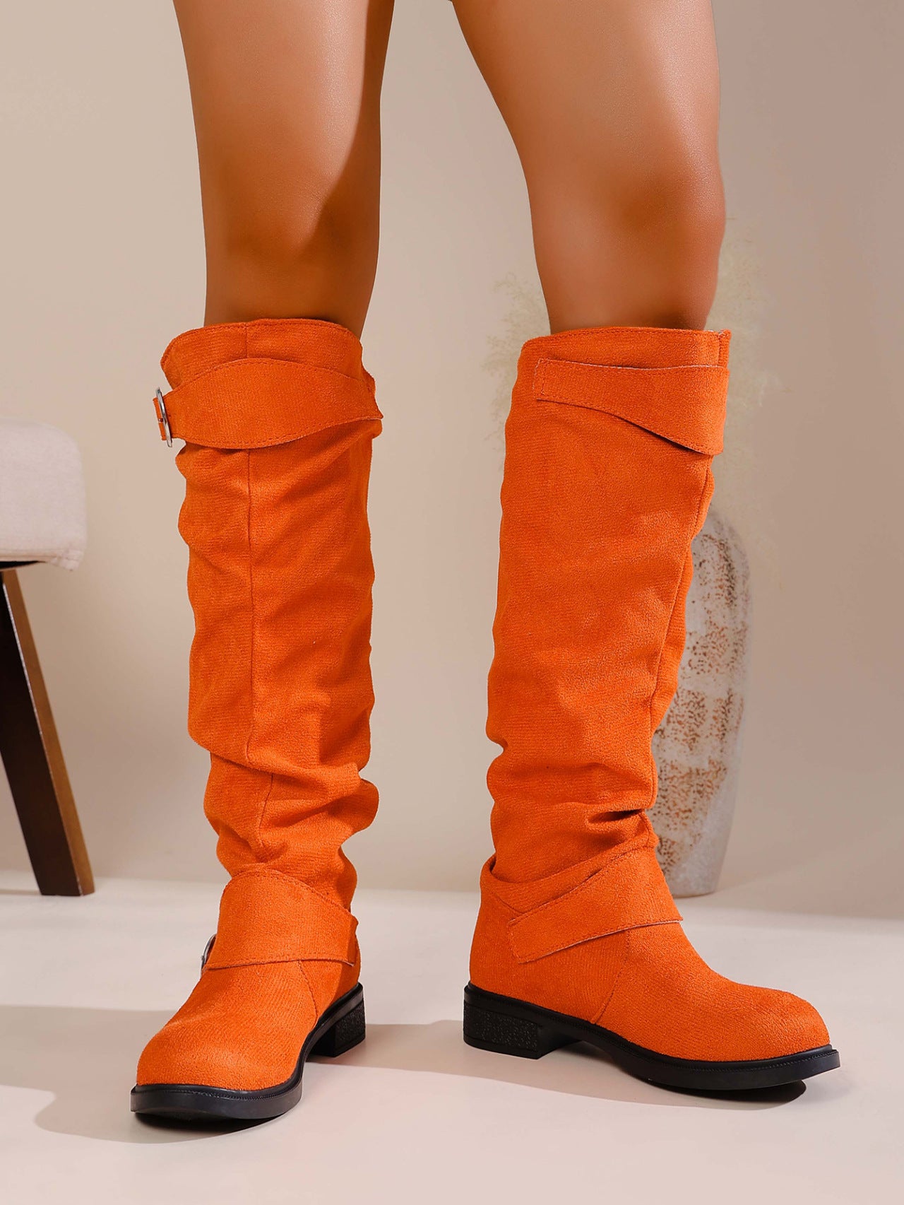 Autumn Winter Pleated Stacked Boots Women SChunky Heel Platform Suede Boots 8