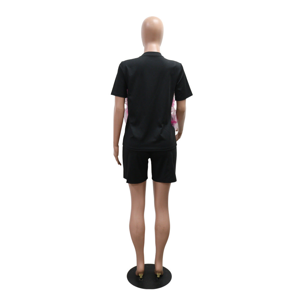 Women Summer Round Neck Beaded Short Sleeve Top Shorts Casual Two Piece Set 6