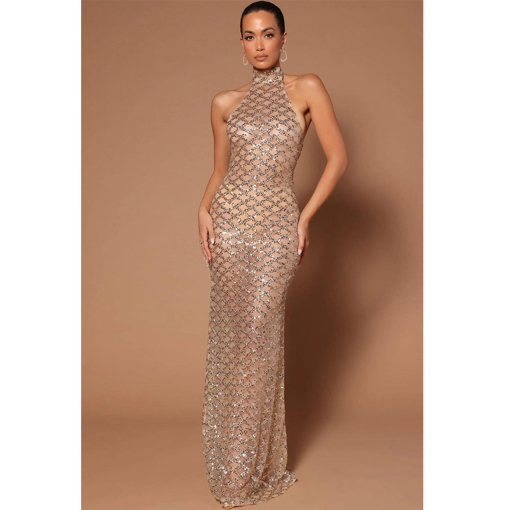 Women Fashion Sexy Low Back Nightclub Party Dress Beaded Sequin See-Through Dress 8
