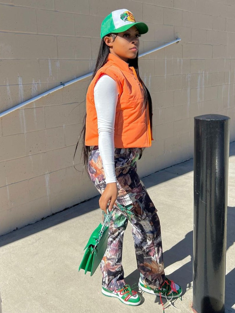 Women Autumn and Winter Leaf Print Straight Pockets Cargo Pants 4