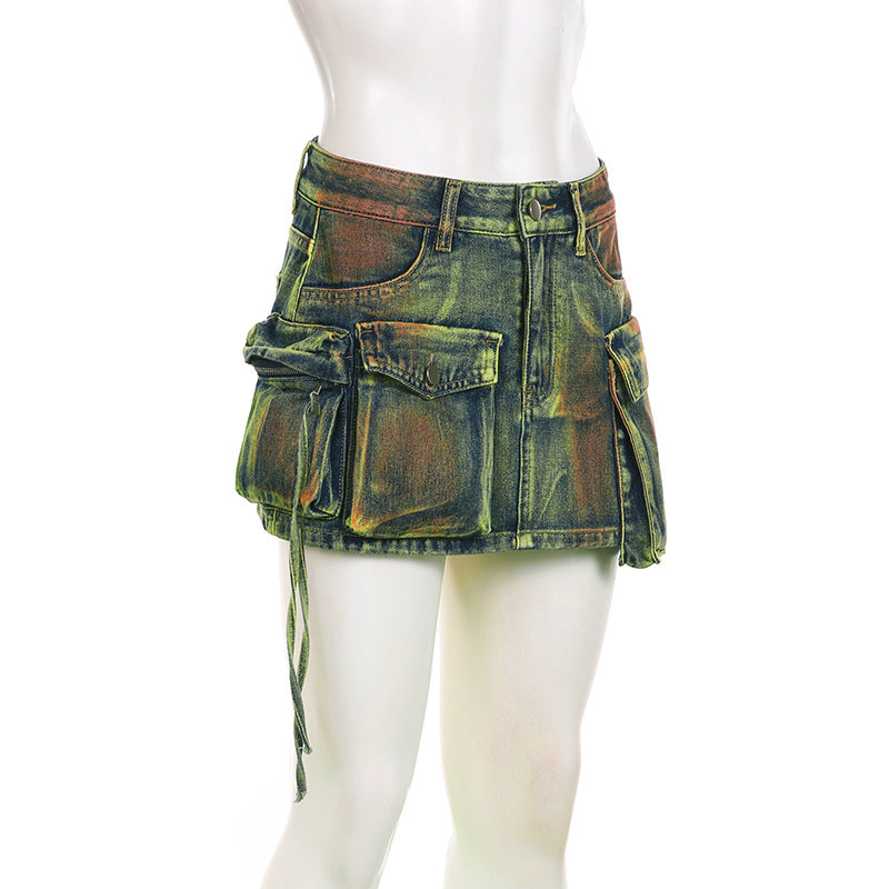 Women's Tie Dye Distressed Patchwork Irregular Pocket High Waist Zipper Slim Denim Skirt 12