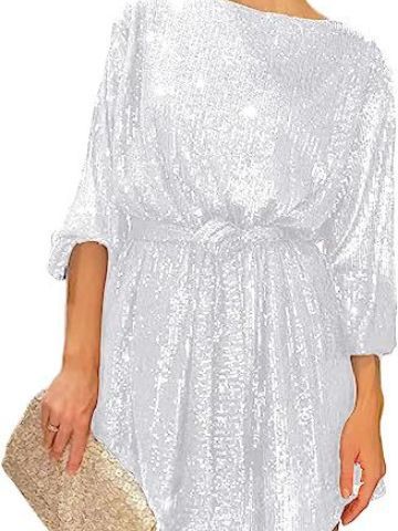 Summer Sequin Round Neck Long Sleeve Casual Loose Sequin Dress 11