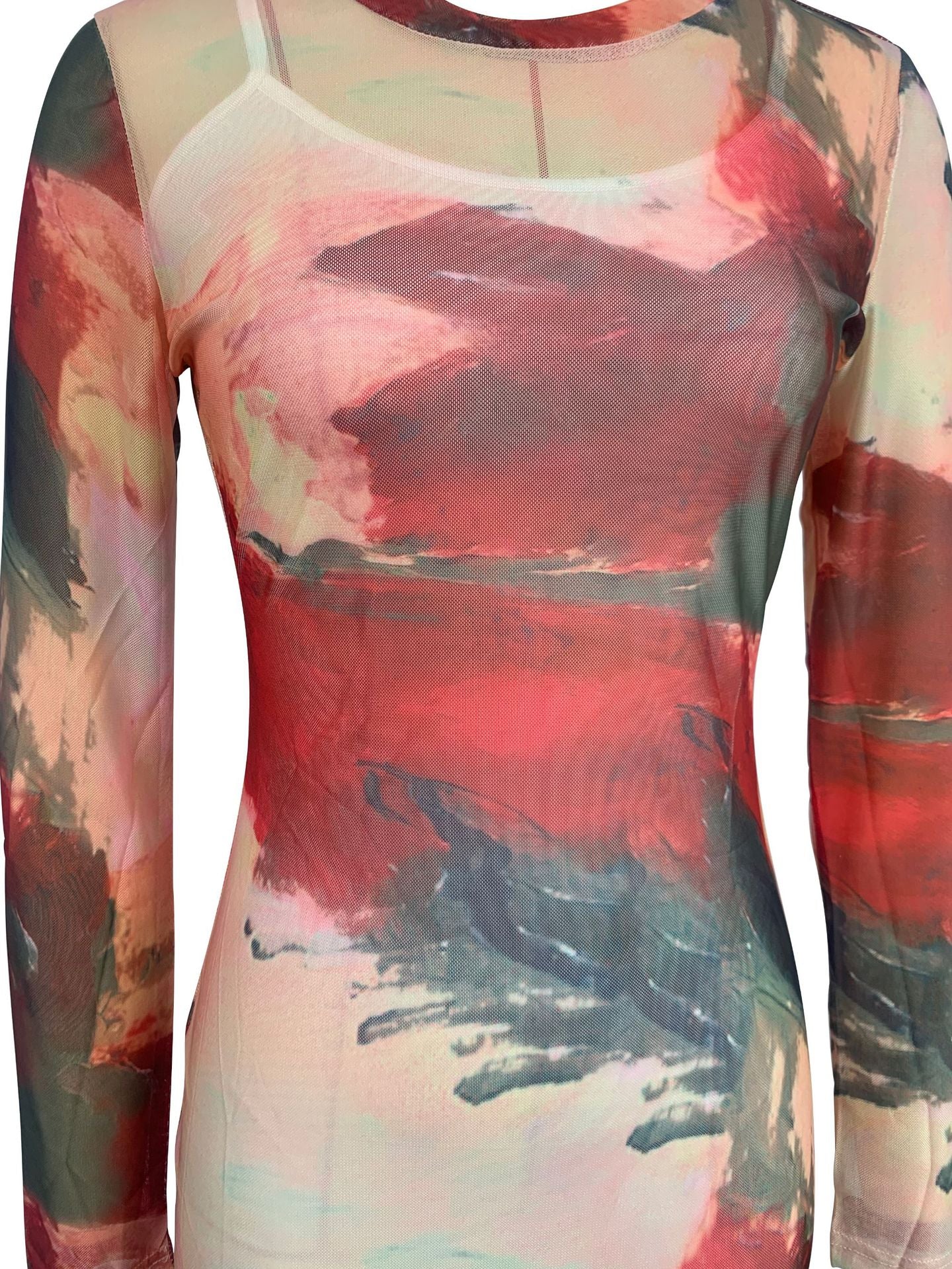 Women suspender skirt sexy Mesh abstract print long-sleeved dress two-piece set 10