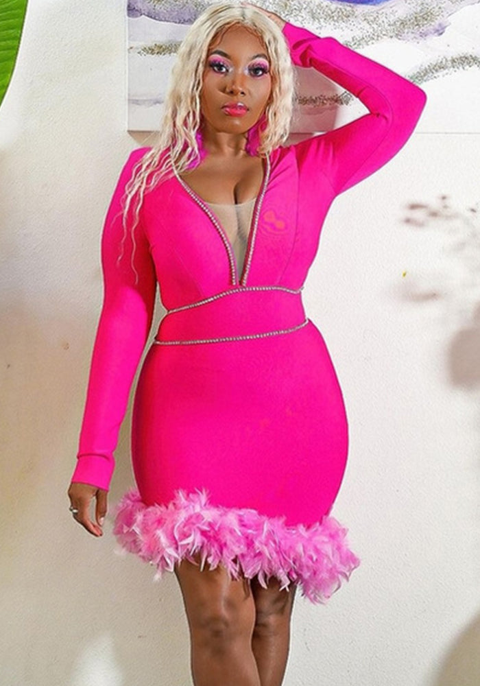 Feather Patchwork Deep V Diamond Long Sleeve Evening Dress