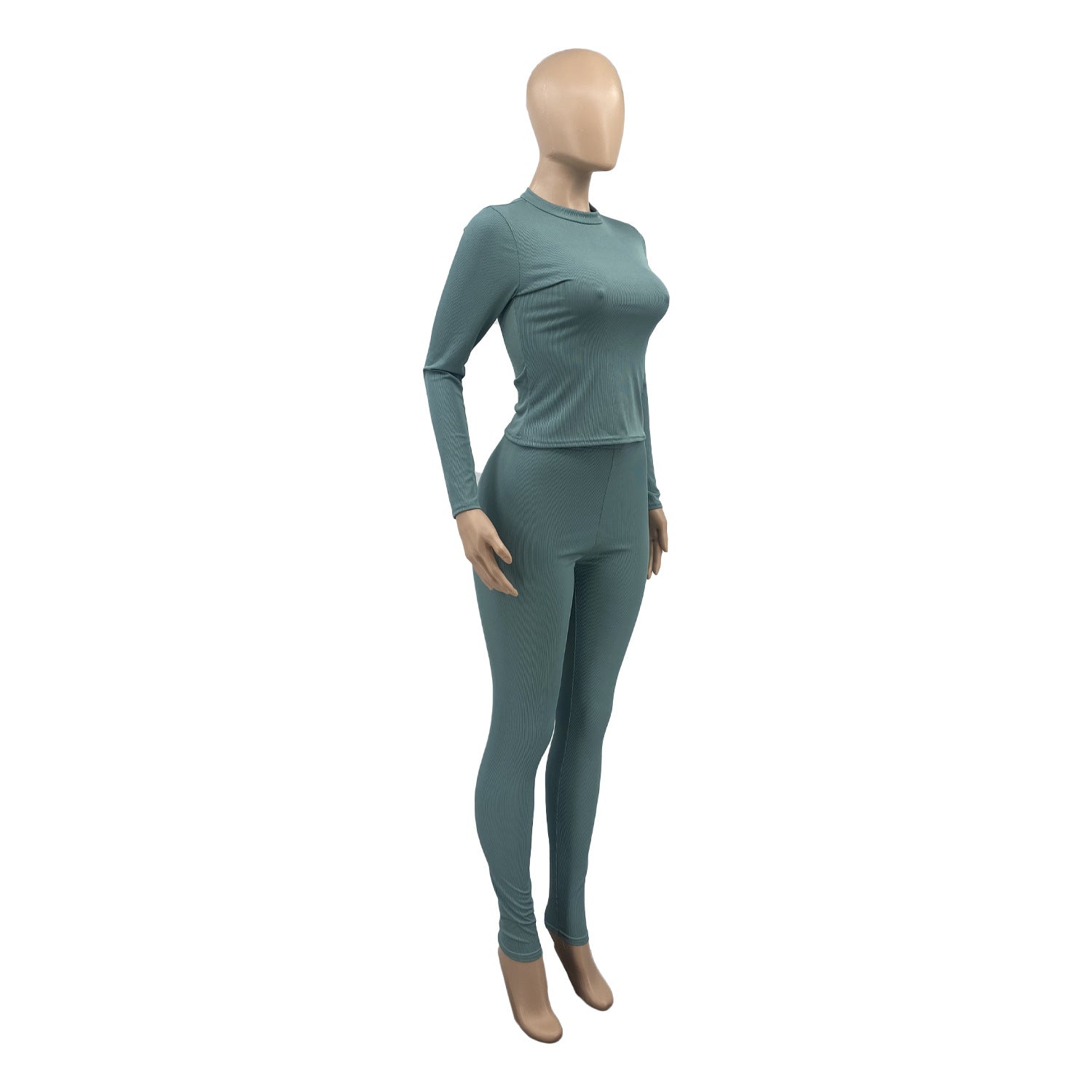 Women'S Two-Piece Set Autumn Winter Solid Color Ribbed Slim Long Sleeve Two Piece Trouser Set 18