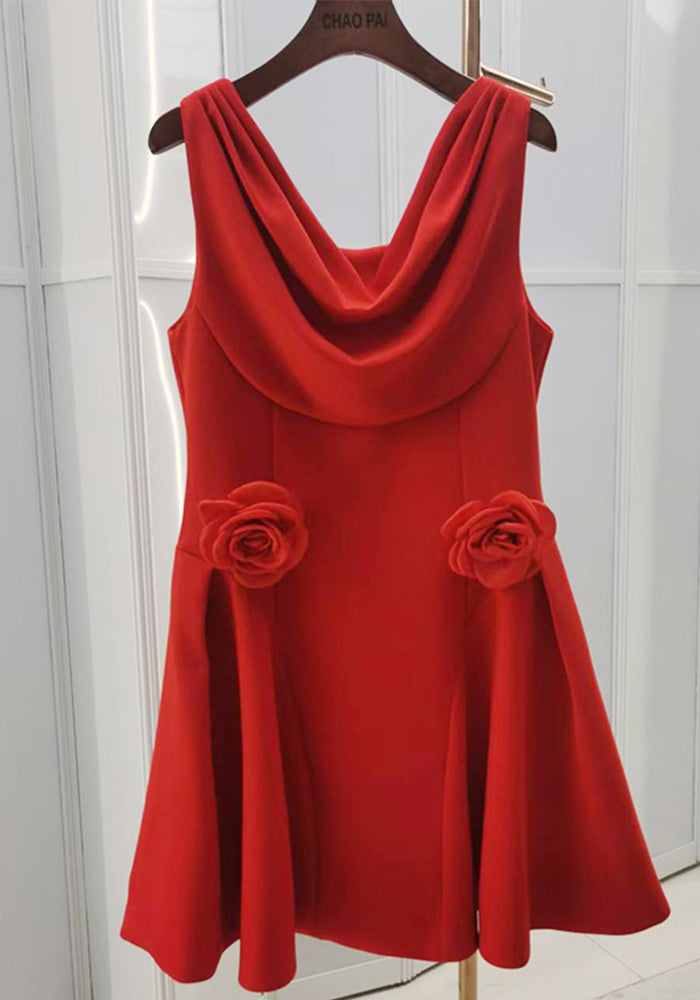 Women French Elegant Fall Swing Neck Floral Solid Dress