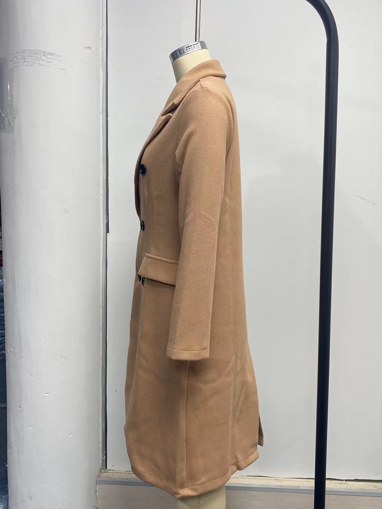 Women Solid Long Sleeve Double Breasted Pocket Coat 36