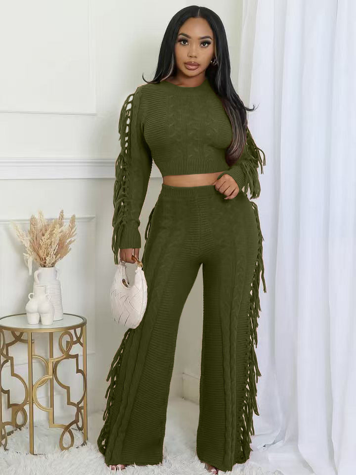 Women Casual Solid Knitting Long-Sleeved Tassel Top and Pant Two-Piece Set 3
