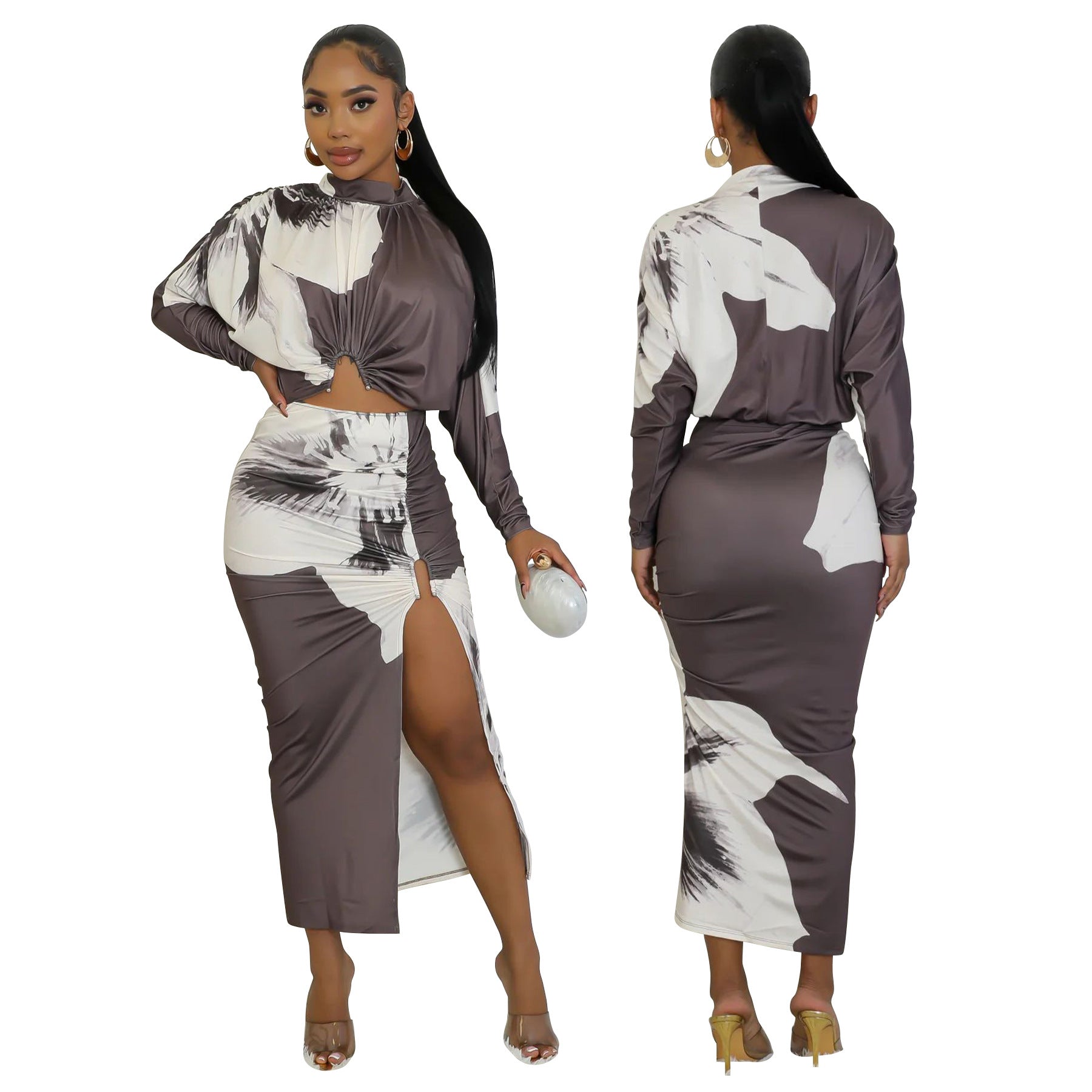 Women printed sexy long-sleeved Top and skirt two-piece suit 3
