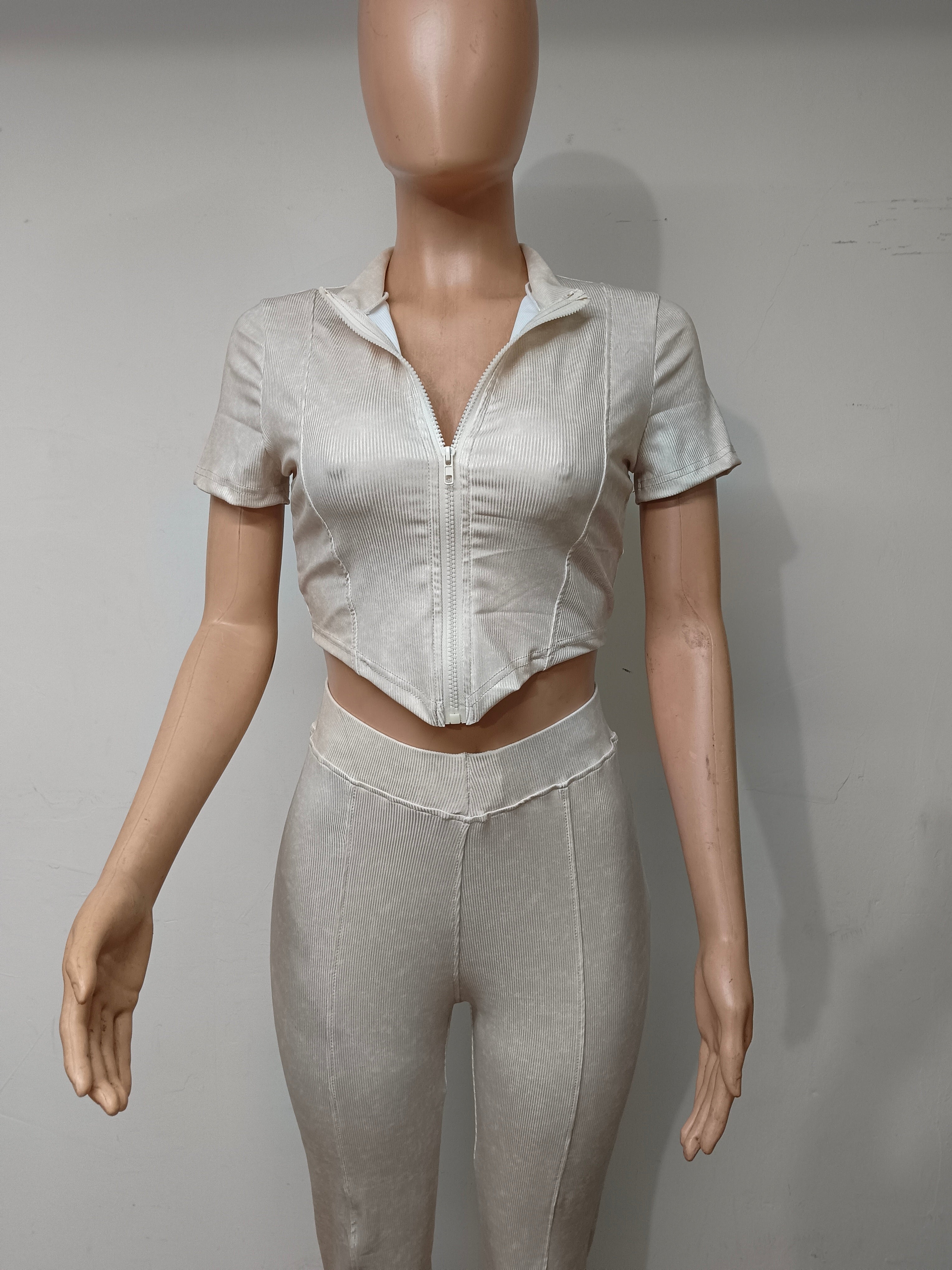 Women Printed Short Sleeve Zipper Top And Bell Bottom Pant Two-piece Set 13