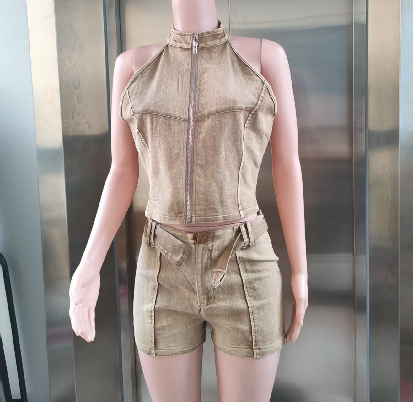 Women Denim Sleeveless Zipper Crop Top and Belt Shorts Two Piece Set 13