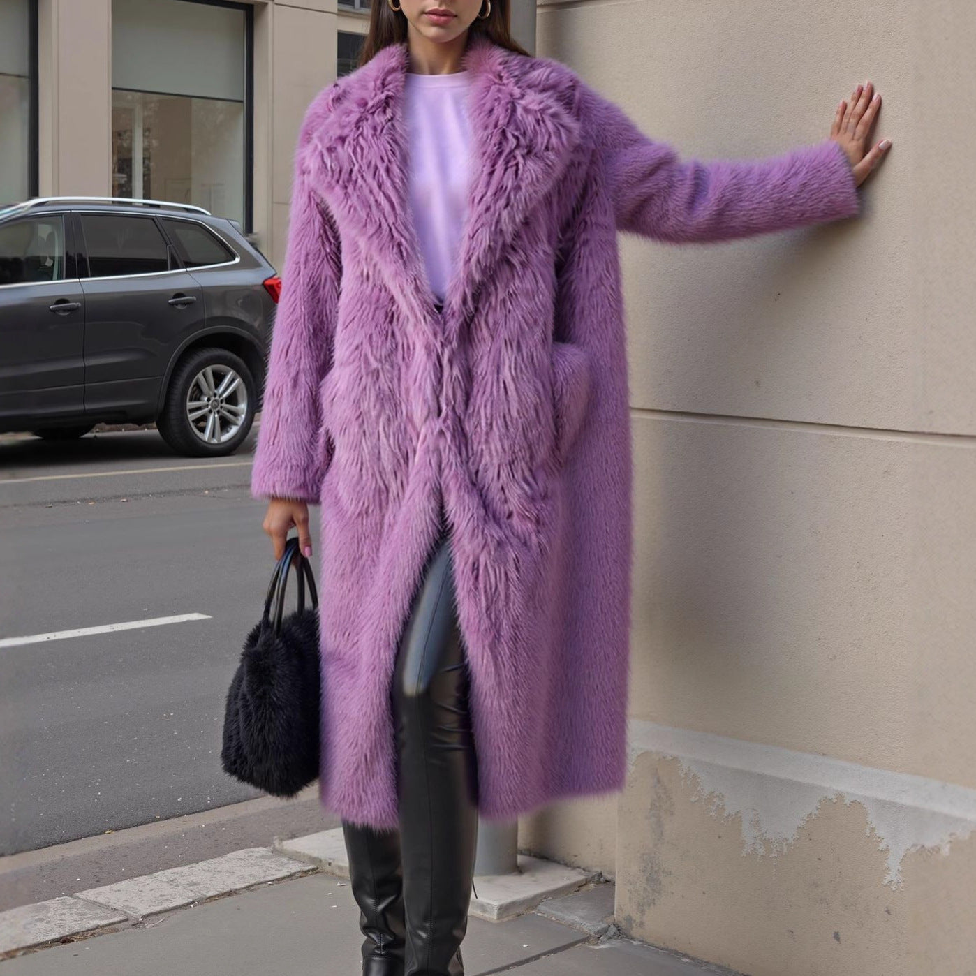 Women Winter Turndown Collar Fake Furry Coat 3