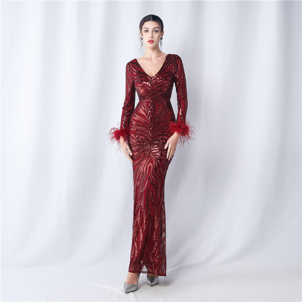 V-Neck Feather Long-Sleeved Sequined Evening Dress 16