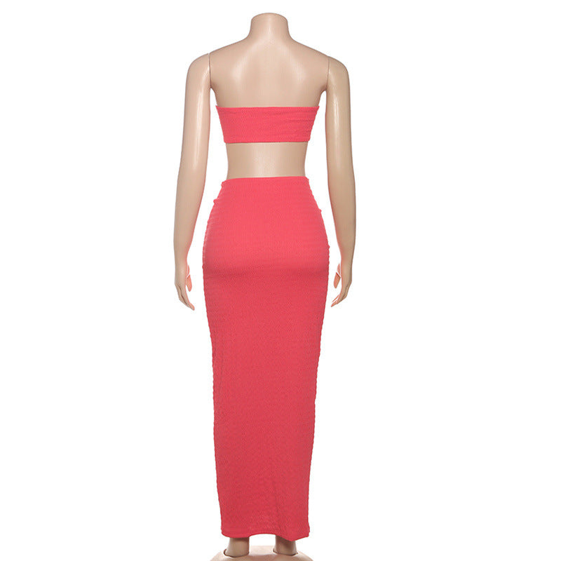 Women Summer Sexy Strapless Top and Long Skirt Two-Piece Set 5