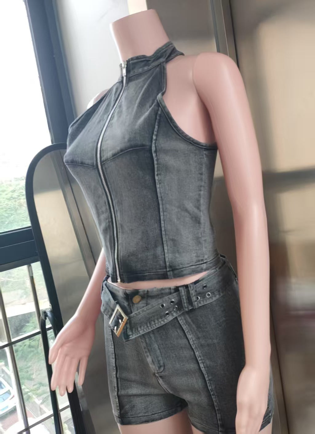 Women Denim Sleeveless Zipper Crop Top and Belt Shorts Two Piece Set 9