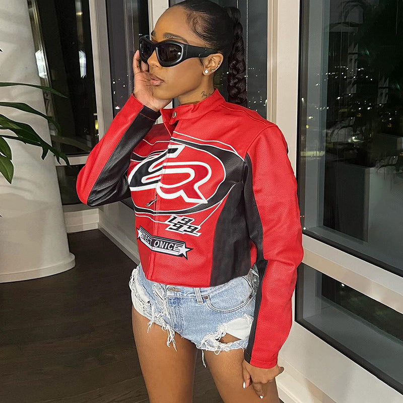 Autumn Winter Sexy Zipper Top Contrast Embroidery Short Fashion Jacket 3