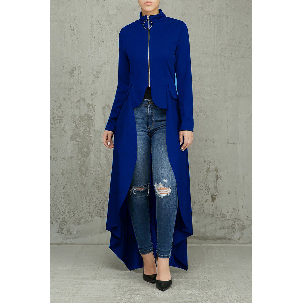 Spring Long-Sleeved High-Neck Slim Zipper Irregular Long Dress 45