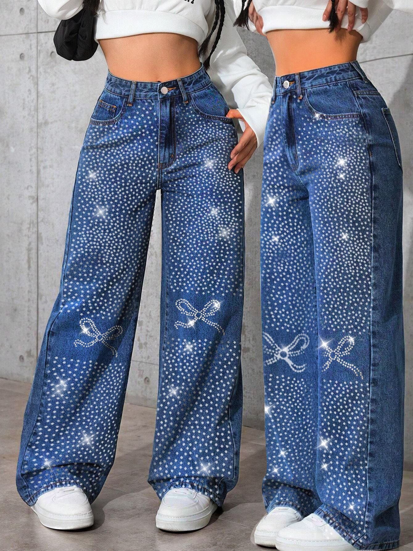 Women American Retro Blue Denim Beaded Butterfly Pants 6