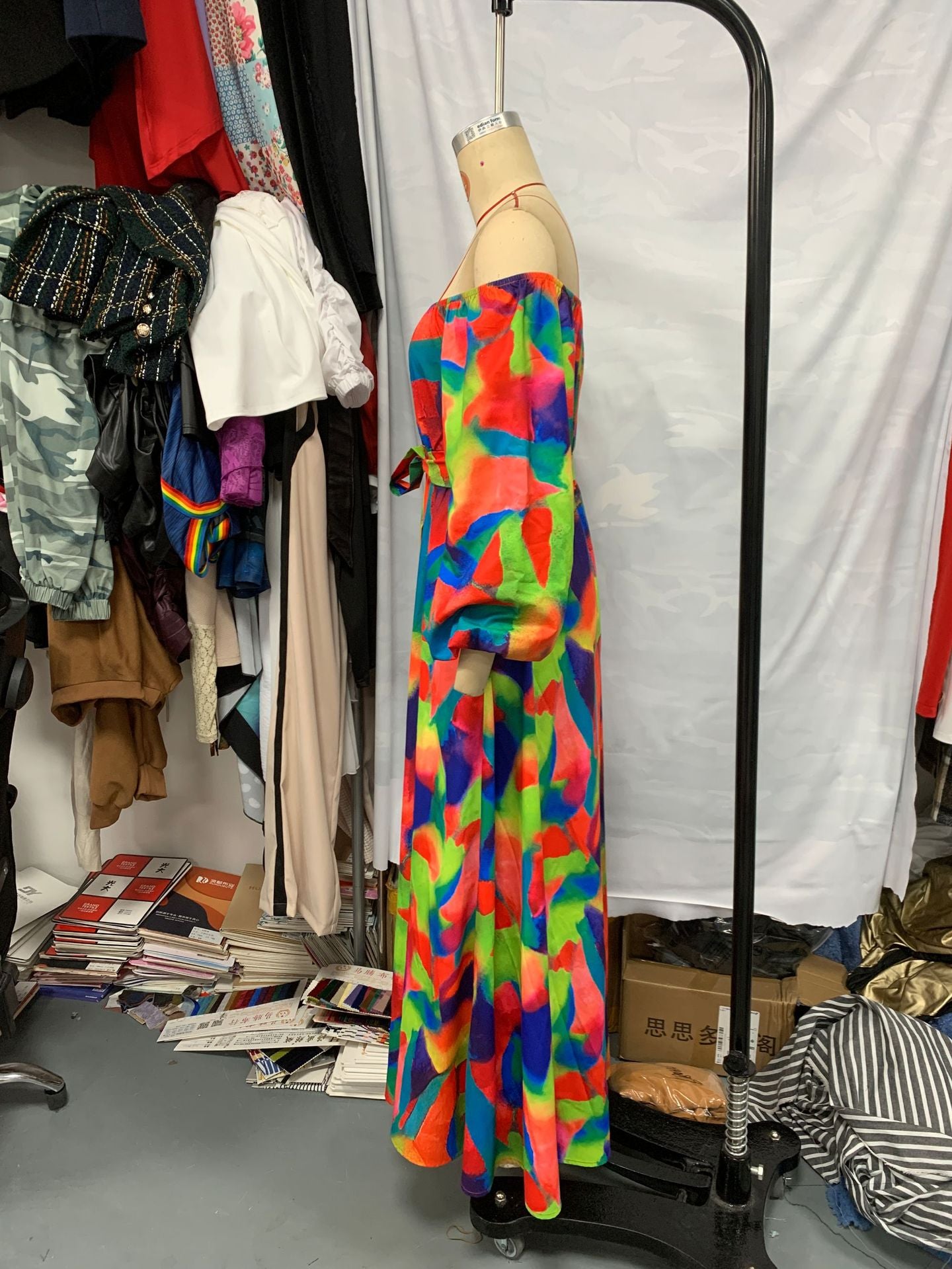 Spring Women Sexy Off Shoulder Bubble Long Sleeve Print Slim Waist Long Dress 6