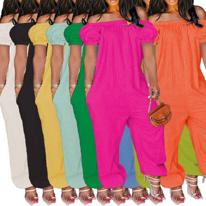 Women's Solid Color Loose Long Length Short Sleeve Jumpsuit Women's Bodysuit