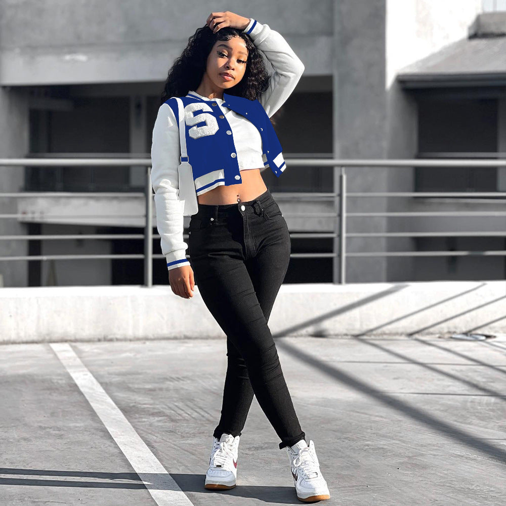 Women Solid Patchwork Letter Button Loose Baseball Jacket 3