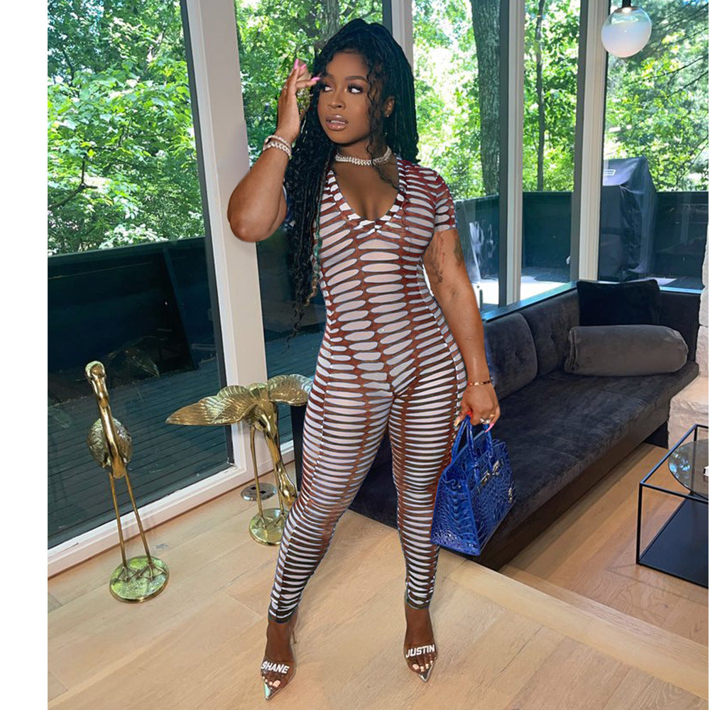 Women's Sexy Tight Fitting Mesh Print V-Neck Casual Jumpsuit 4