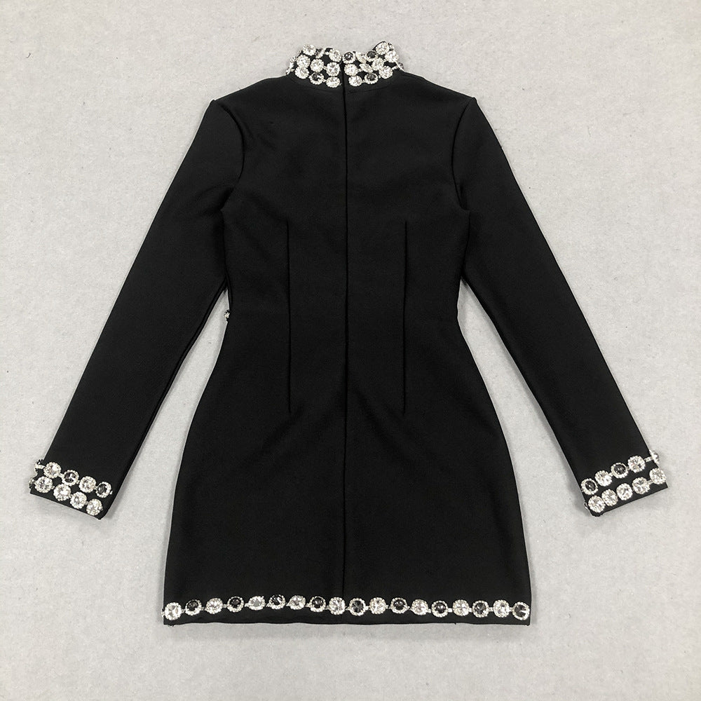 Sexy Fashion Slim Long Sleeve Bandage Beaded Women's Short Dress 9