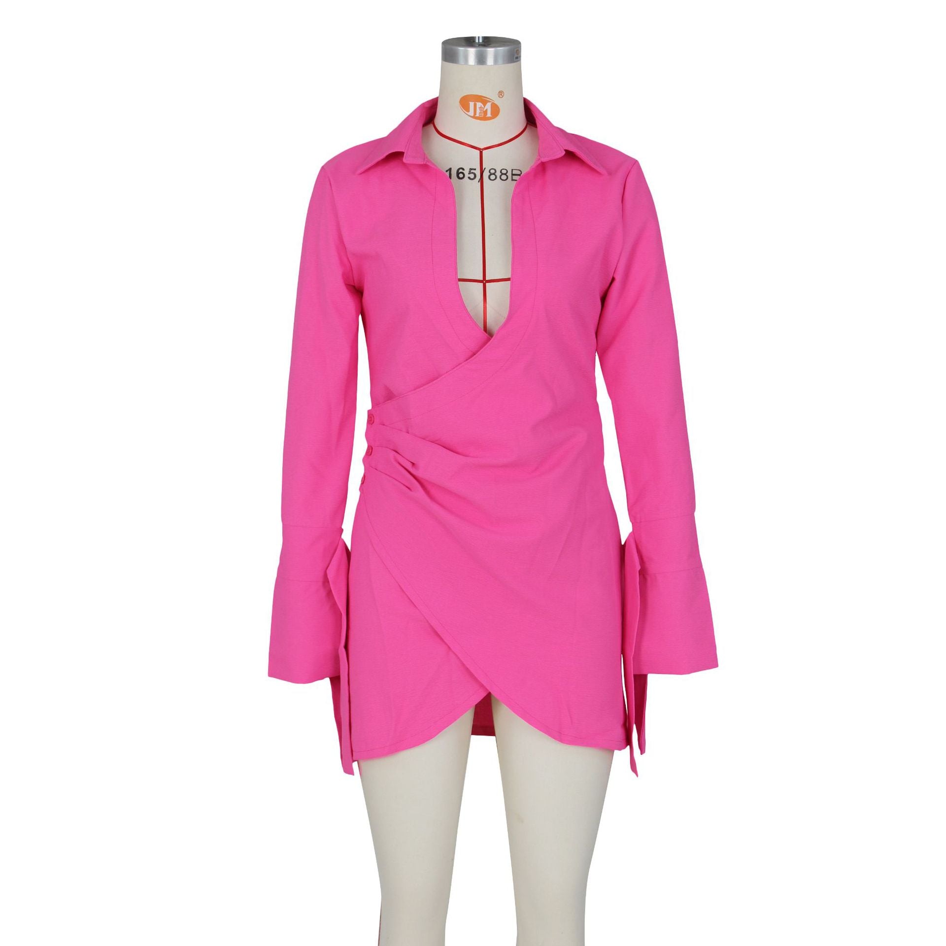 Fall Women Sexy Pleated Crossover Shirt Dress 24