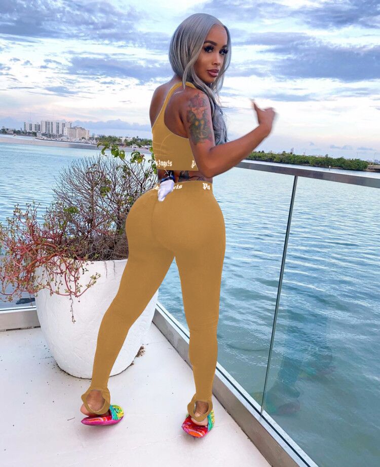 Women's Solid Color Fashion Letter Print Casual Tight Sports Two Piece Pants Set 9