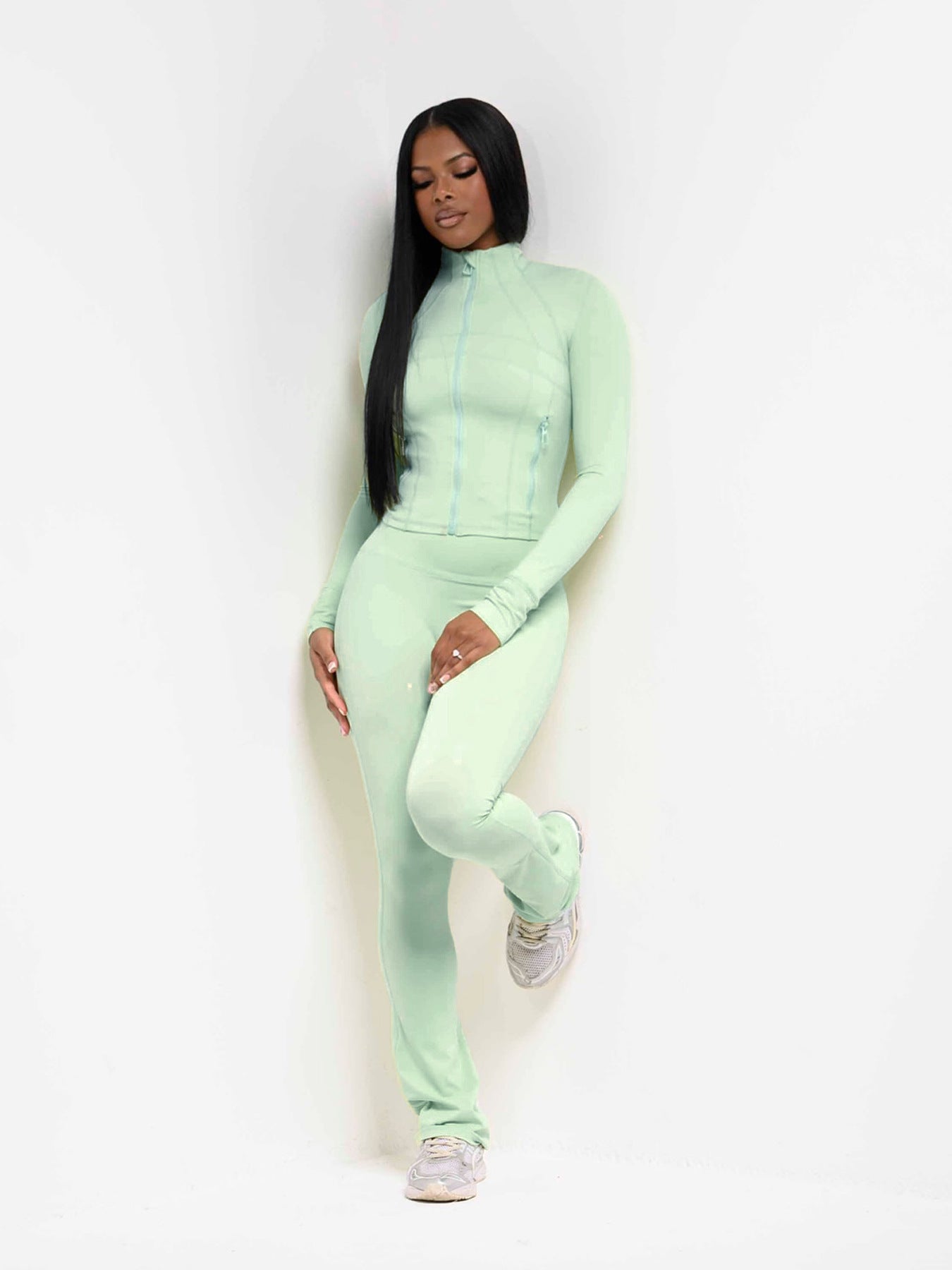 Sports Casual Women's Sexy Tight Fitting Long Sleeve Top Micro Bell Pants Two-Piece Set 6