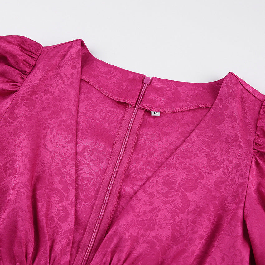 Autumn V-Neck Cut-Out Jacquard Lantern Sleeve Short Dress 12