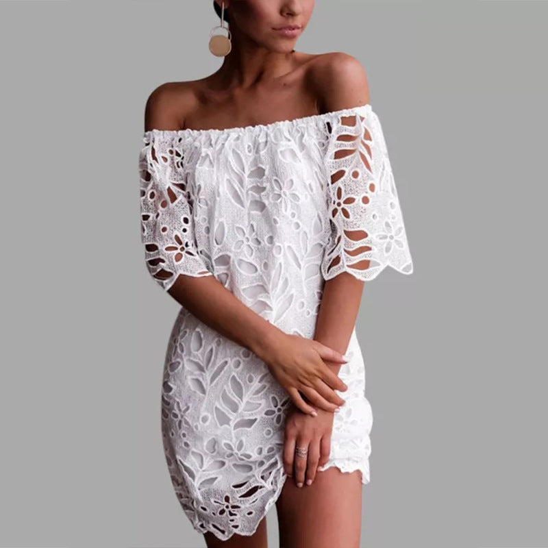 Spring Summer Solid Color Lace Half-Sleeve Off Shoulder Fashion Casual Dress 8