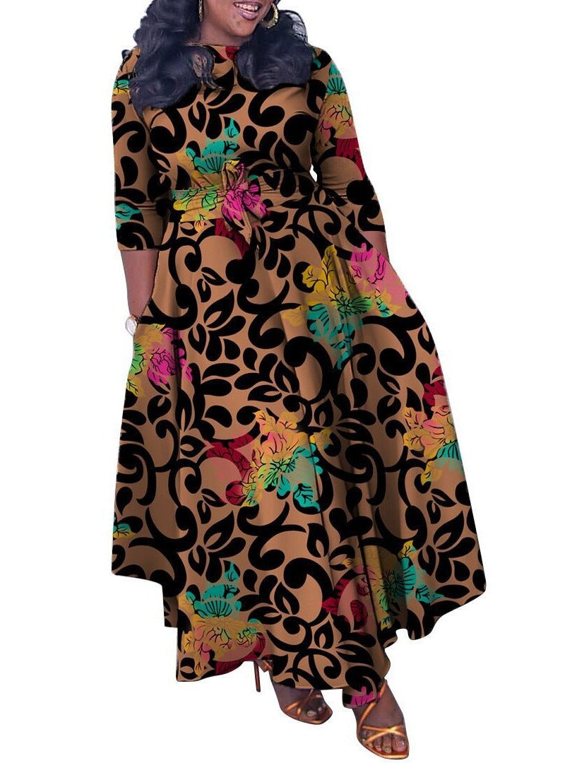 Women's Autumn Plus Size Fashion Print Chic Elegant Belted Slim Waist Swing Dress 11