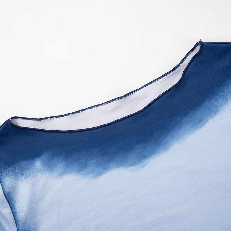 Women's Autumn Gradient Color Three Quarter Sleeve Crop Top High Waist Trousers Casual Two Piece Set 13