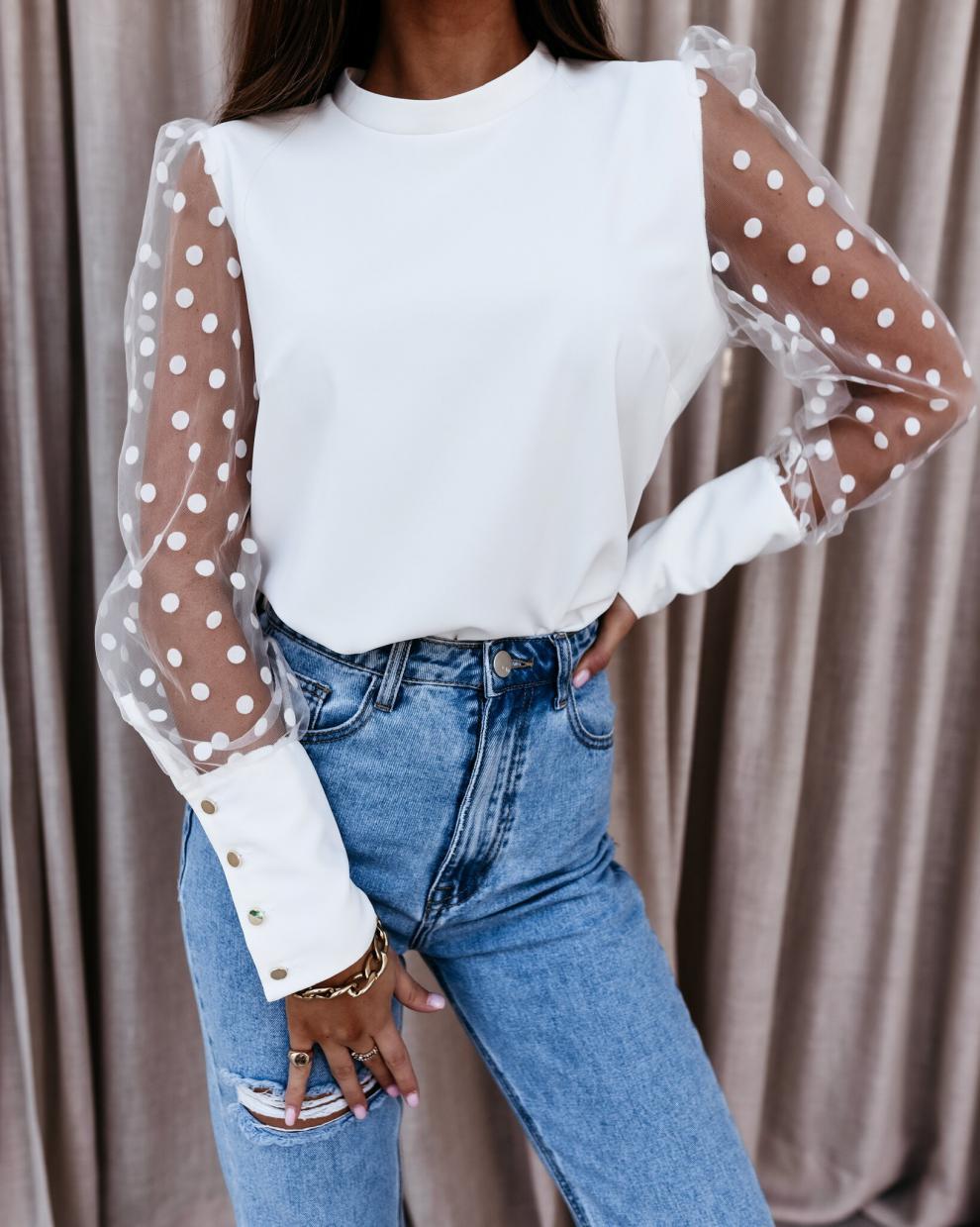 Spring Polka Dot Printed Mesh Long Sleeve Casual Round Neck Pullover Shirt 3