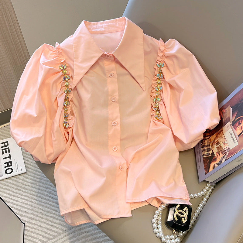 Embellished Rhinestone Chain Fashion Slit Retro Puff Sleeve Shirt 10