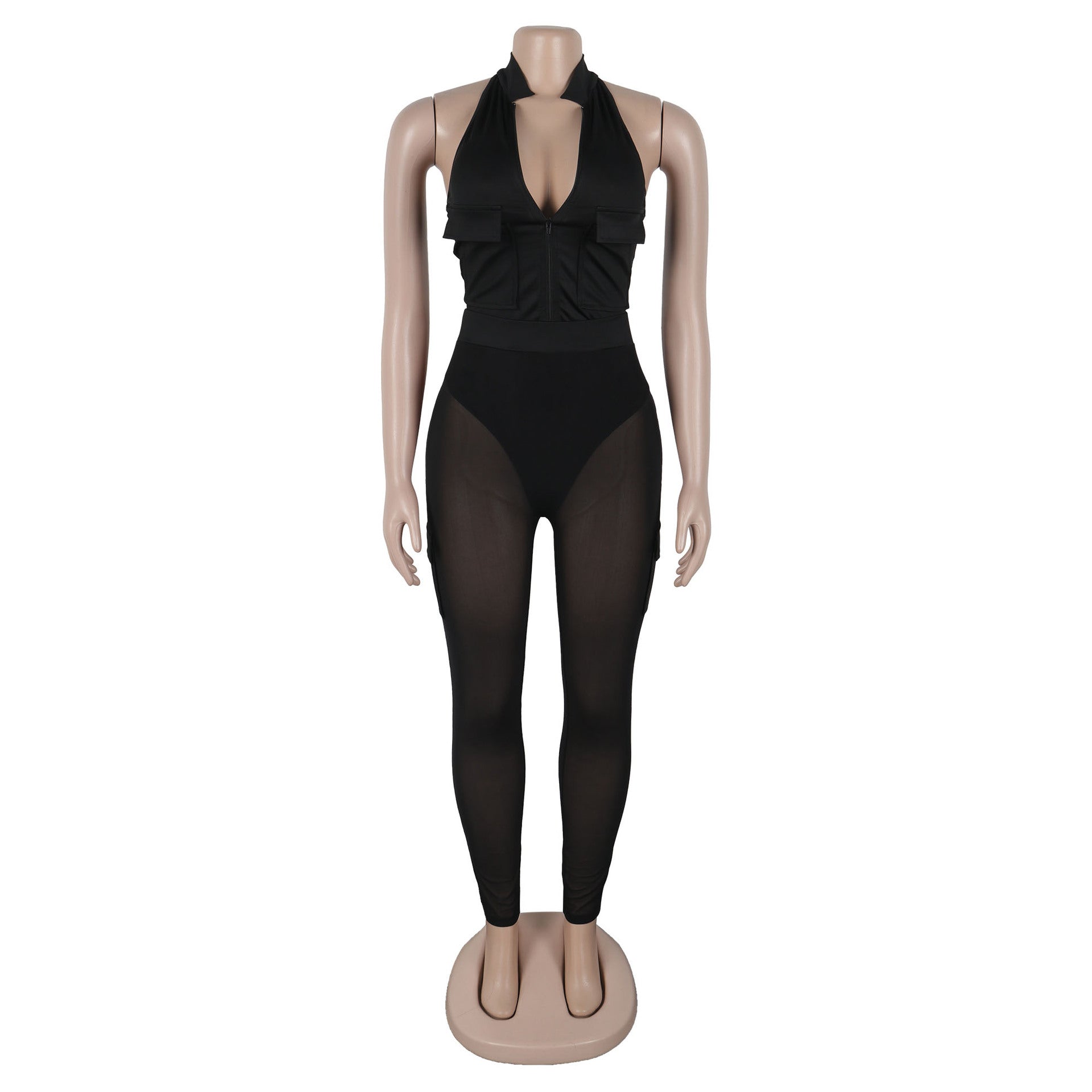 Summer Deep V-Neck Sleeveless Tight-Fitting Bodysuit Pocket Mesh Pants Set 19
